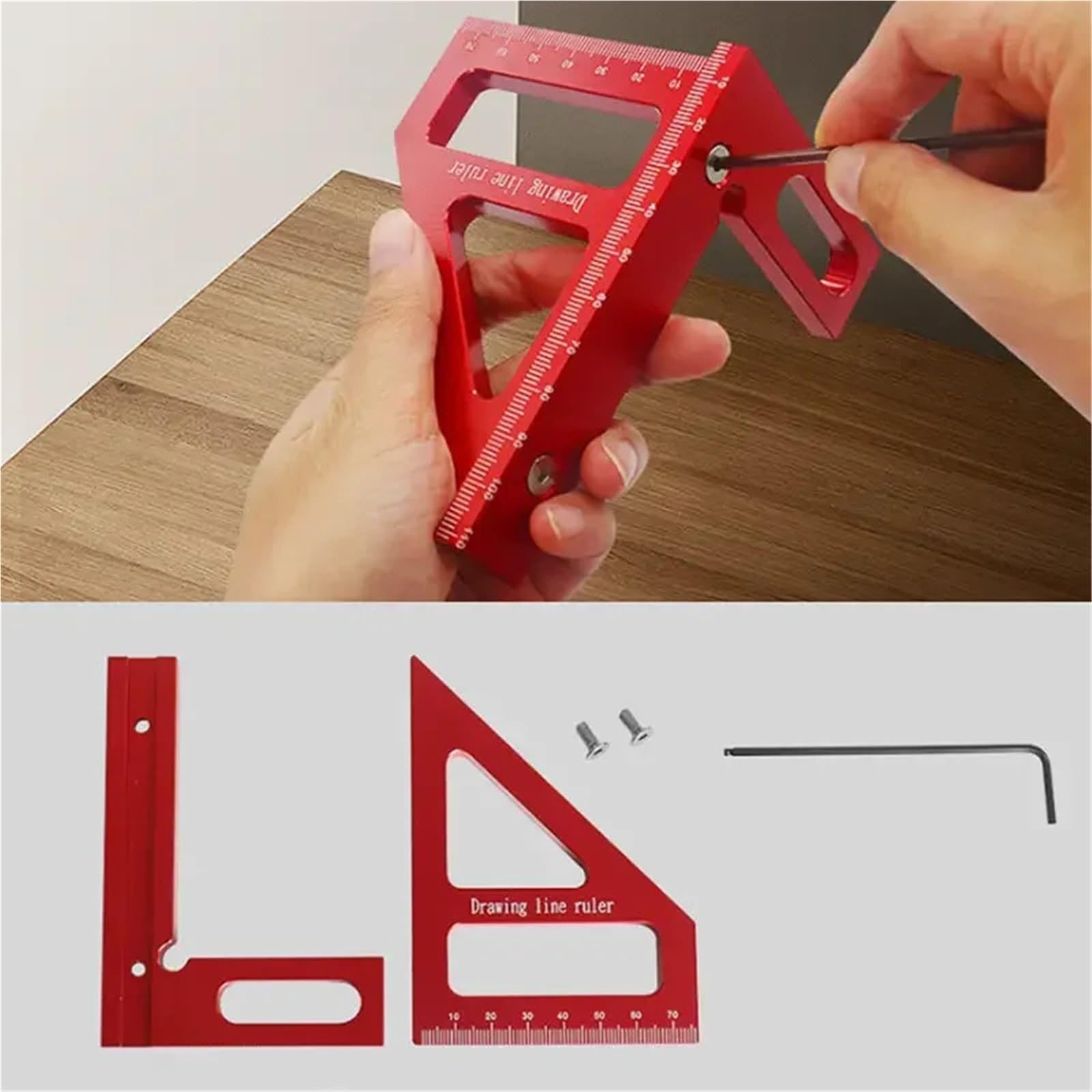 MRKU Goniometro, Squadra da Falegname - Goniometro per Lavorazione del Legno, Righello Triangolare in Alluminio per Angoli 3D 45/90 Gradi