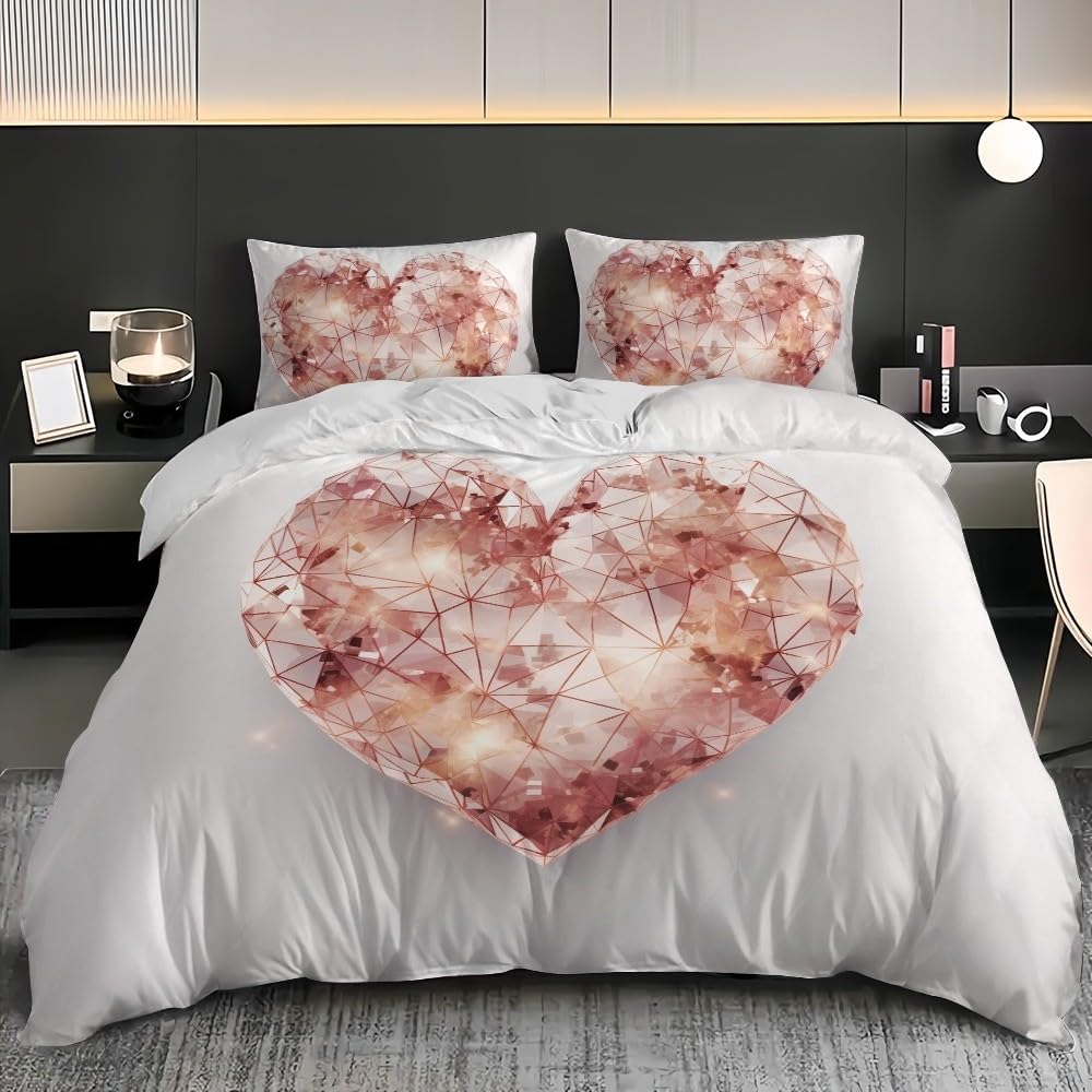 Geometryczna kreatywna poszewka na kołdrę w kształcie serca 2 osoby z zamkiem błyskawicznym 250 x 200 cm różowy zestaw pościeli z mikrofibry, można prać w pralce, dla dzieci, nastolatków i dorosłych