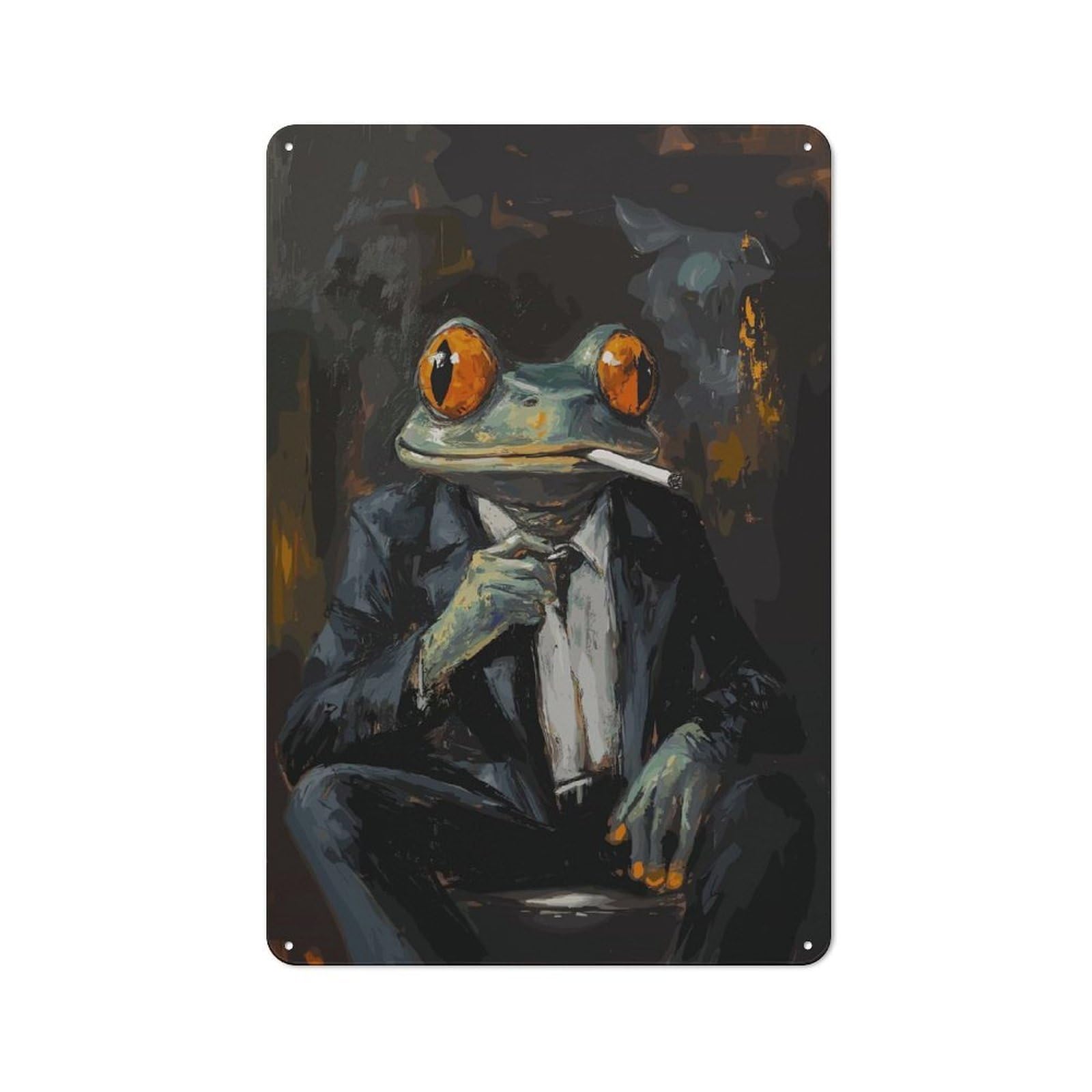 Junmoney Frog In Suit Smoking Cigarette Painting Cafe Style Metal Wall Decor 30X20cm, Vintage Metal Sign For Takeaway, Bar, Kitchen Or Counter Area