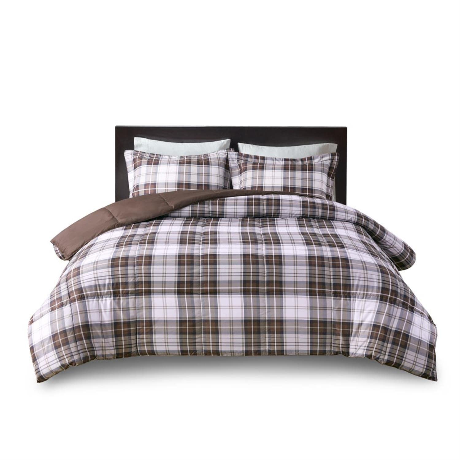 Madison Park Essentials Parkston Plaid Comforter, Matching Sham, 3M Scotchguard Stain Release Cover, Hypoallergenic All Season Bedding-Set, Full/Queen, Brown, 3 Piece