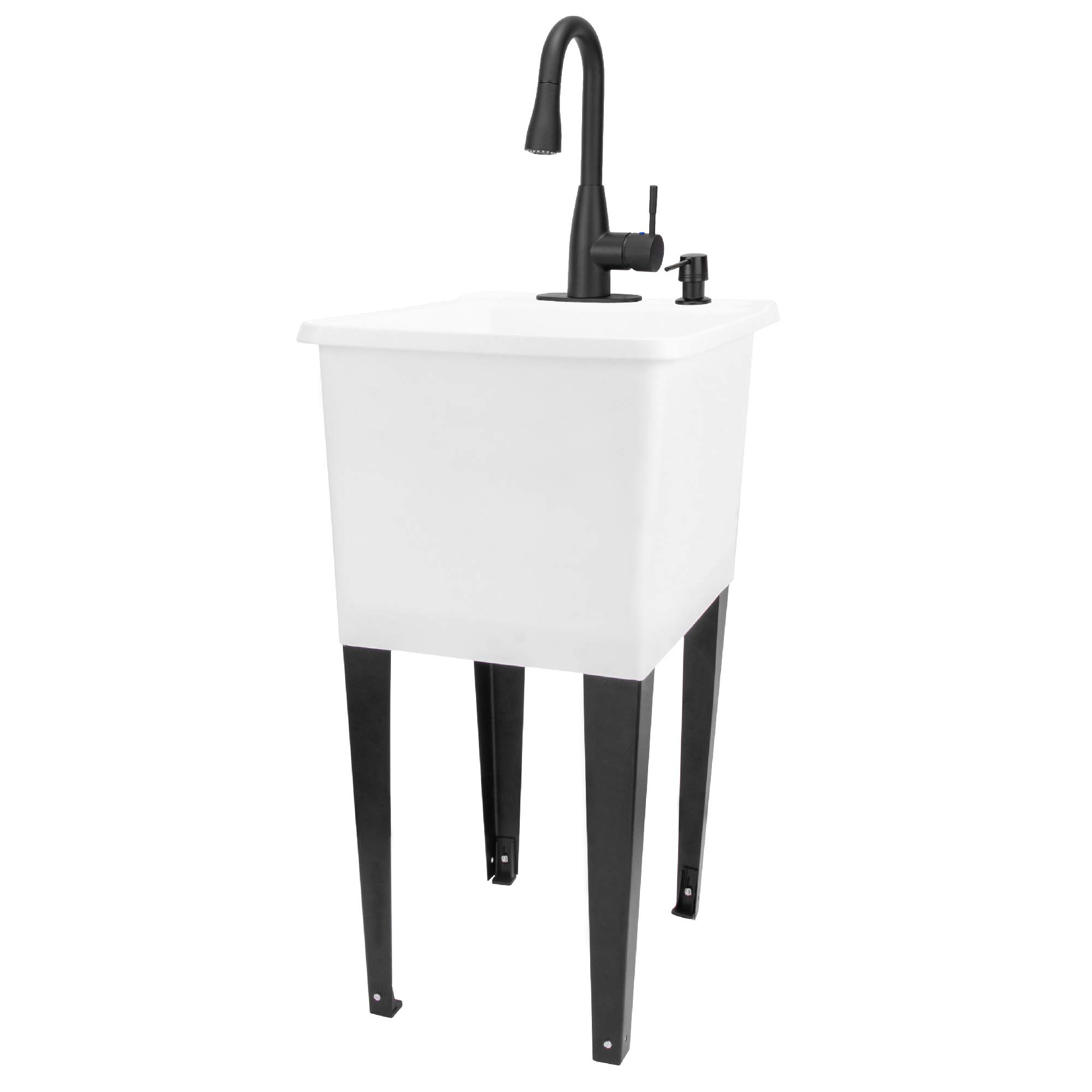 White Space Saver Utility Sink by JS Jackson Supplies, Freestanding Tehila Space Saving Laundry Tub, Black Pull-Down Faucet, Soap Dispenser