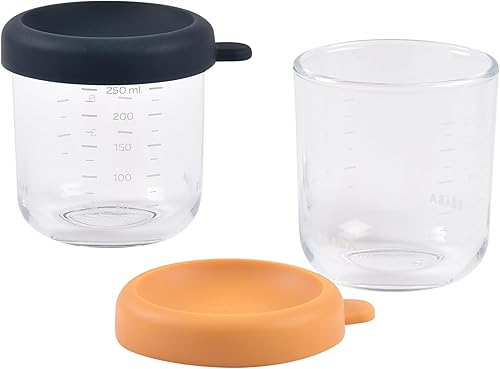Miniatura 2 de BEABA - Paquete de 2 tarros de vidrio para alimentos para bebés con tapas herméticas de silicona suave, recipientes de almacenamiento de vidrio de 8
