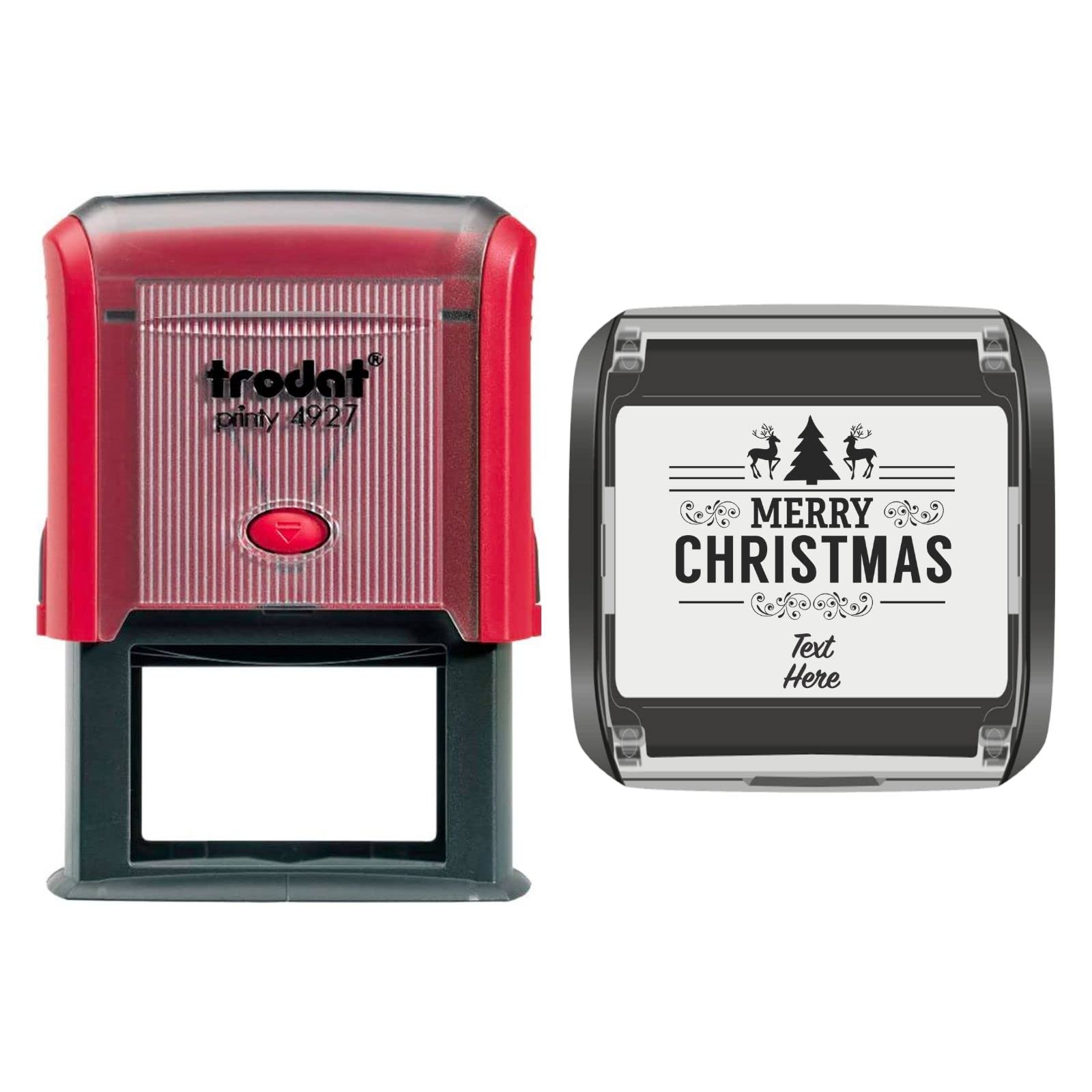 Trodat 4927 Personalised Christmas Card Message/Label Self Inking Rubber Stamp Christmas Tree Reindeer & Merry Christmas in Black Ink with 2 Lines of Customised Text