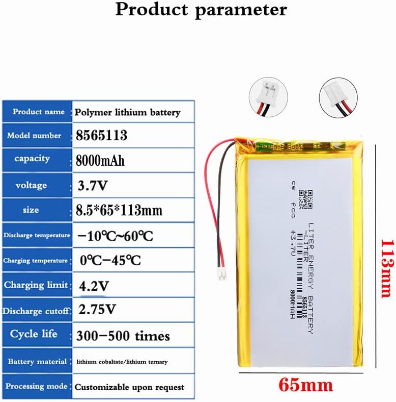 Miniatura 2 de 3.7V 8565113 8000mAh batería de iones de polímero de litio recargable batería de polímero con conector JST 0.079 in