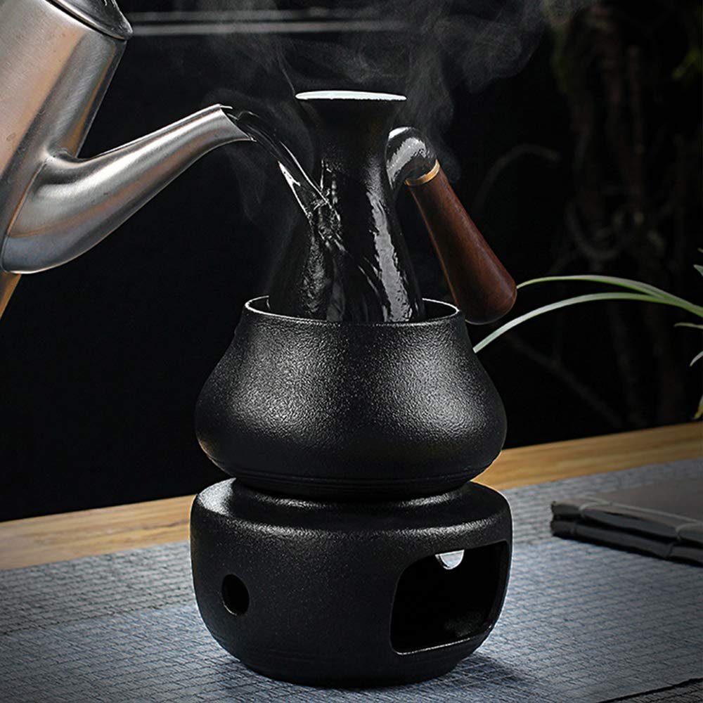 Juego de Sake japonés, Juego de Sake de Esmalte Negro de 7 Piezas con Calentador y Estufa de Vela, Mango de Madera antiescarcha para decoración del hogar Servicio de Sake Caliente/frío