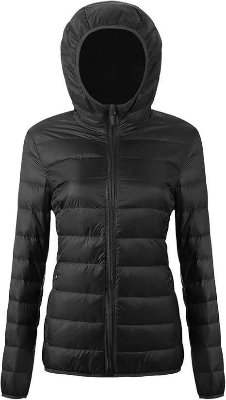 EQUICK Women's Hooded Puffer Packable Down Jacket Ultra Light Weight Short Coat with Travel Bag U219WYRF026,Black,L