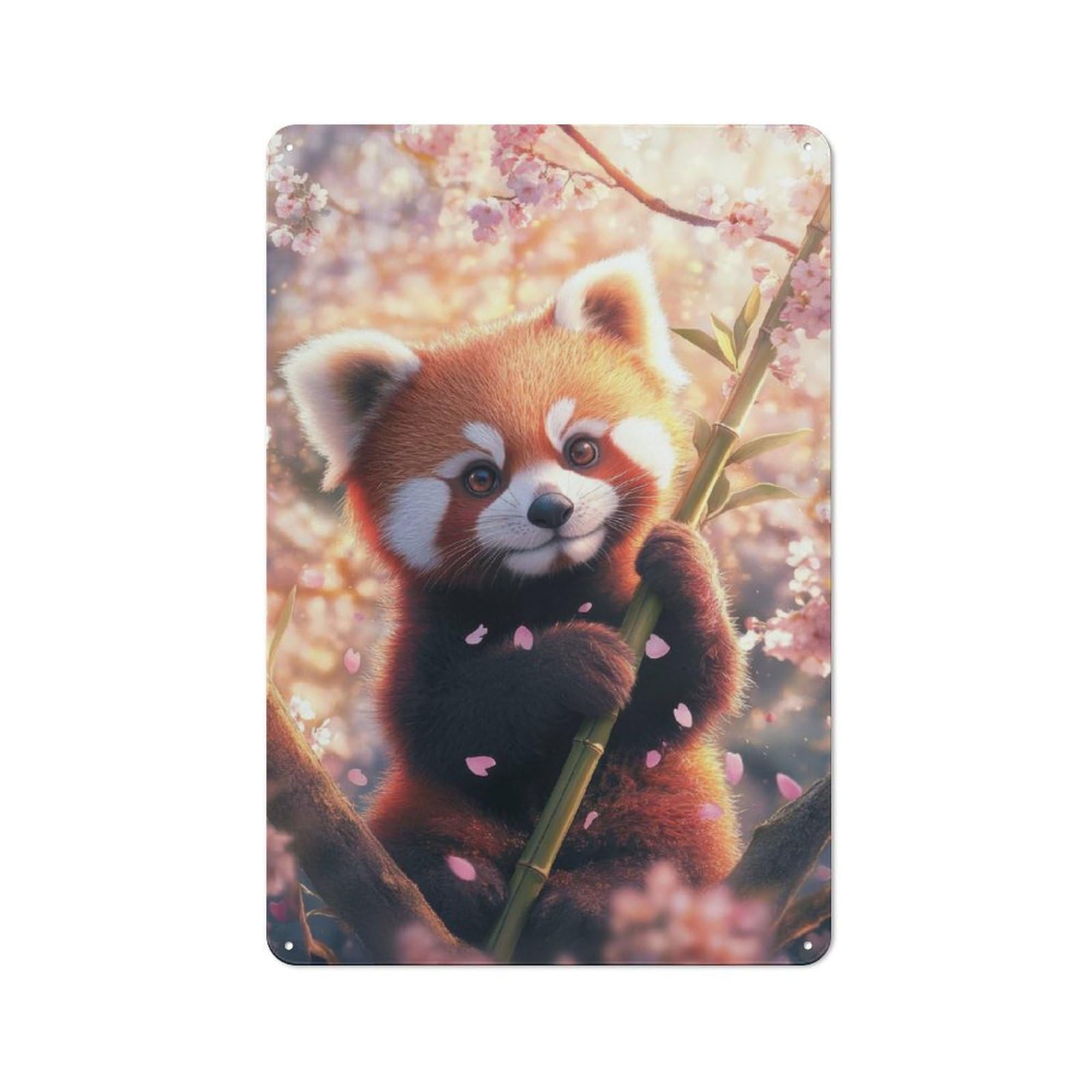 Junmoney Red Panda In Cherry Blossoms Creative Metal Wall Decor 30X20cm, Metal Desk Wall Sign For Hobby Room, Office, Lounge Or Living Room