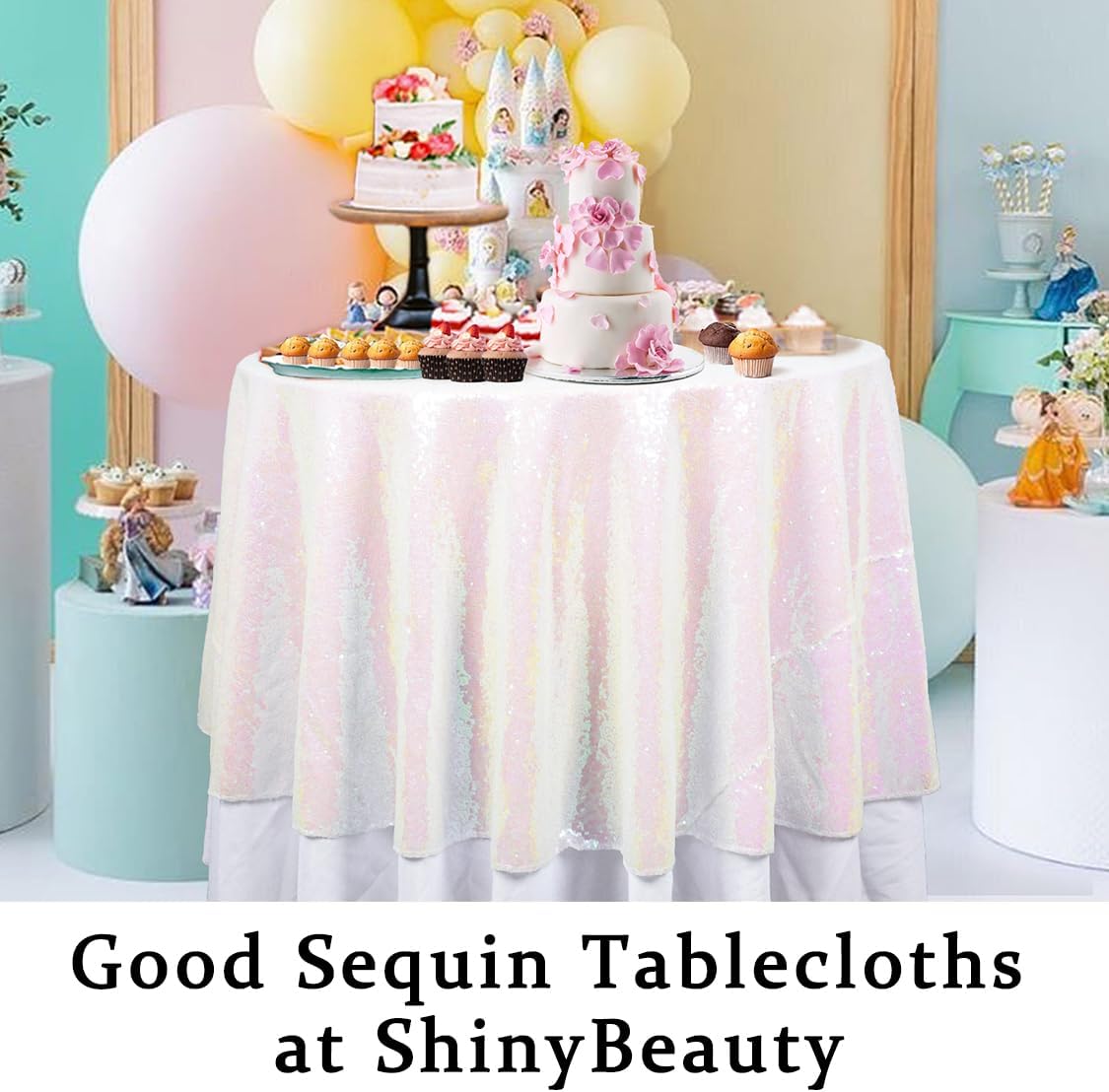 ShinyBeauty 120 Inch Iridescent White Sequin Round Tablecloth | Sparkle Wedding Tablecloth | Glitter Table Cloth for Party, Birthday, Event Decor