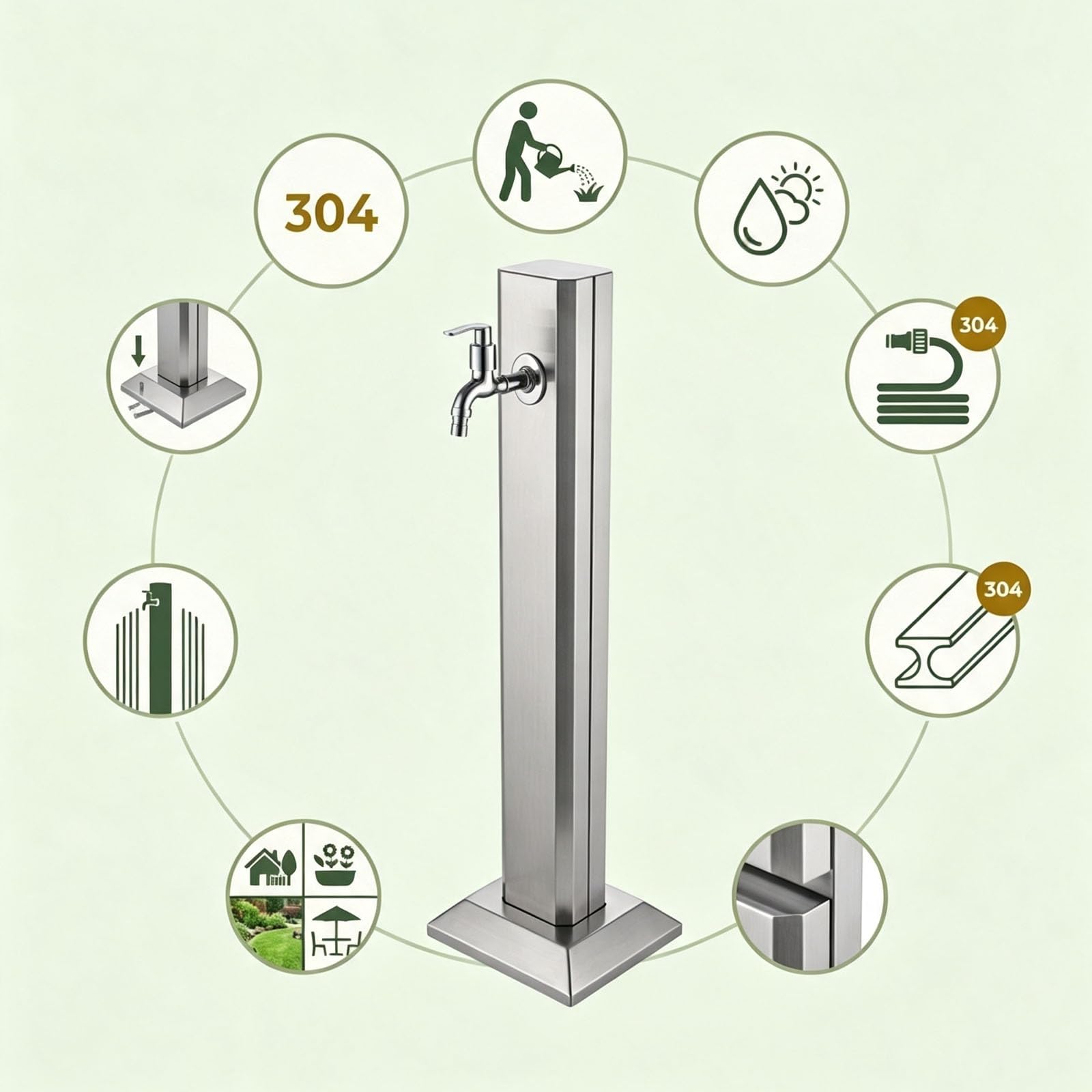 Columna de agua para jardín, Fuente de exterior en acero inoxidable 304 | Grifo de pie para jardín, Dispensador de agua vertical para riego y limpieza