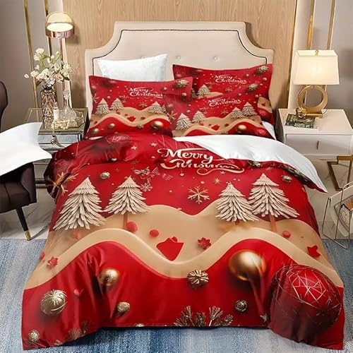 布団カバーチャイナレッド寝具カバークリスマスツリー掛け布団カバー3点セットマイクロファイバー静電気防止防ダニけ被套軽量丈夫柔ら洗える羽毛布団カバ150x210cm着脱簡単掛duvet cover+枕套2枚43x63cmファスナー開閉