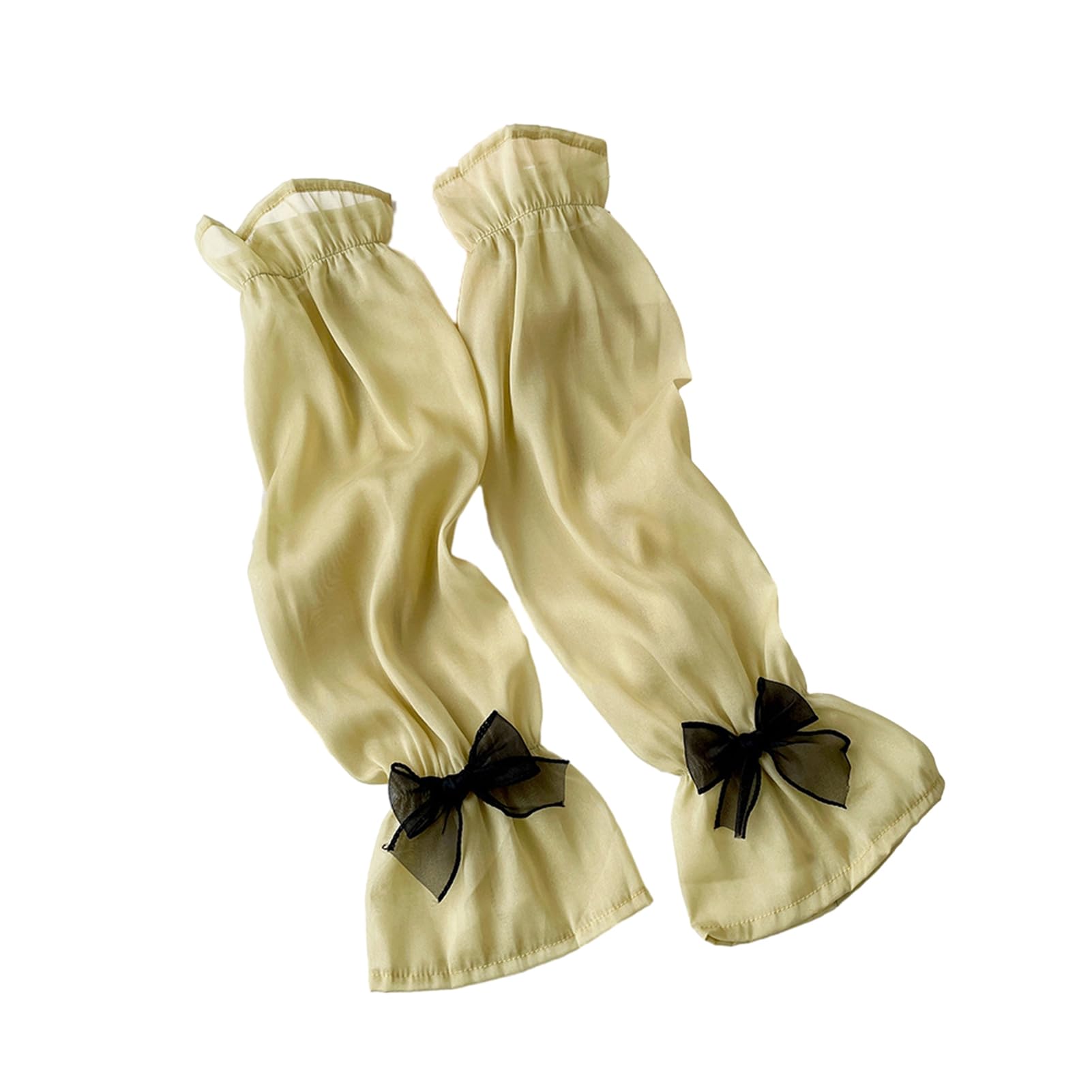 Pofluany Women's Yellow Green Sheer Mesh Arm Sleeve Tulle Lace Long Fingerless Gloves Uv Protection Ice Silk Bowknot Sunscreen Sleeves For Party Outdoor Activities