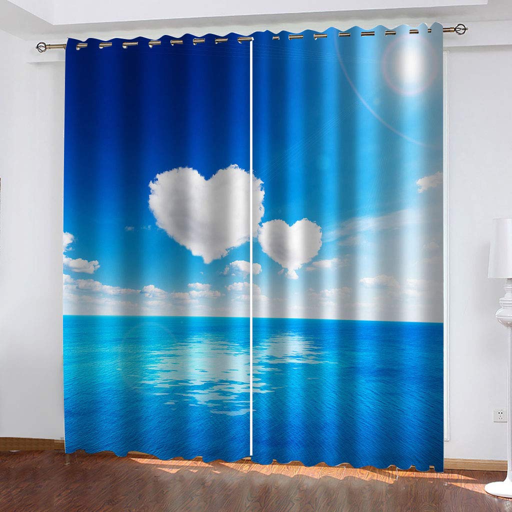 Rideaux Et Draperies Intérieurs 3D Ciel Bleu Coeur Nuage Blanc Motif Rideau Occultant À Oeillets Decoration Salon Chambre Maison pour Enfant Adulte 2 Pièces 280x160Cm Design Moderne Imprimé