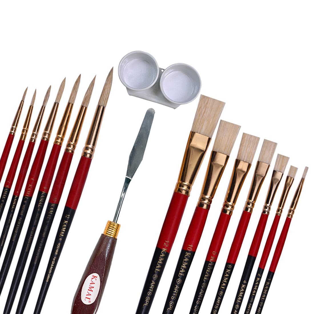 KAMAL Artist Quality Oil Painting Tool Kit with Flat and Round Hog Hair Brushes, Painting Knife and Double Dipper for Oil, Acrylic, Poster, Fabric, Encaustic Painting