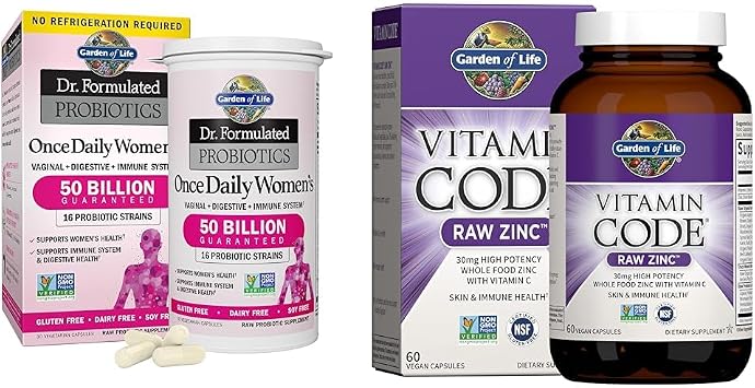 Garden of Life & Zinc Supplements 30mg High Potency Raw Zinc and Vitamin C Multimineral Supplement, Vitamin Code/Trace Minerals & Probiotics for Skin Health & Immune Support, 60 Vegan Capsules