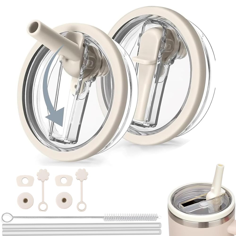 Set 2 Couvercles Étanches Stanley Cup 40 Oz Avec Paille - Beige Bouchons Anti-Fuites