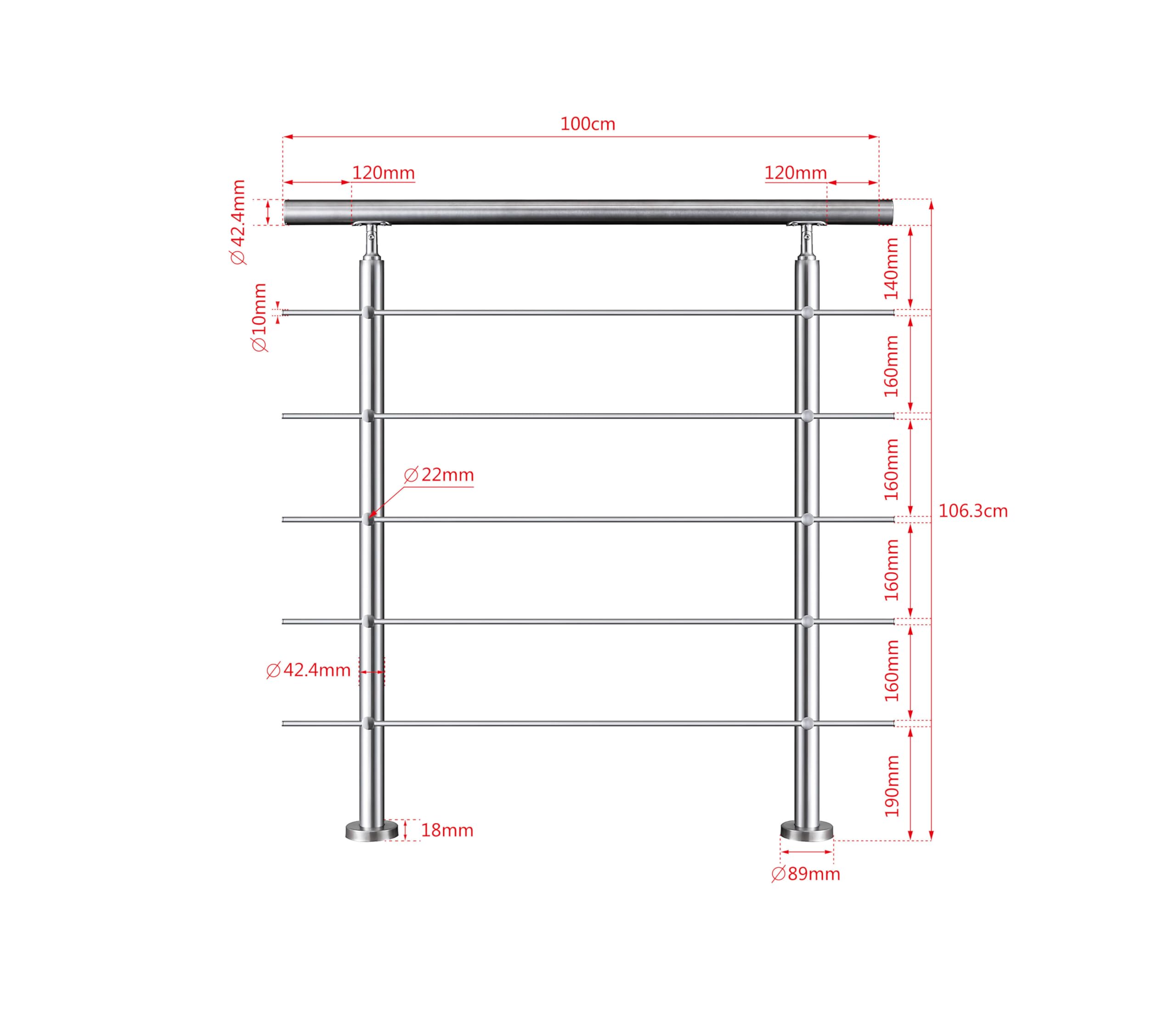 AICA Barandilla escalera, barandilla de acero inoxidable 304, pasamanos de escalera para interior y exterior escaleras, jardin, balcón, terraza, 100x106 cm, 5 barras transversales