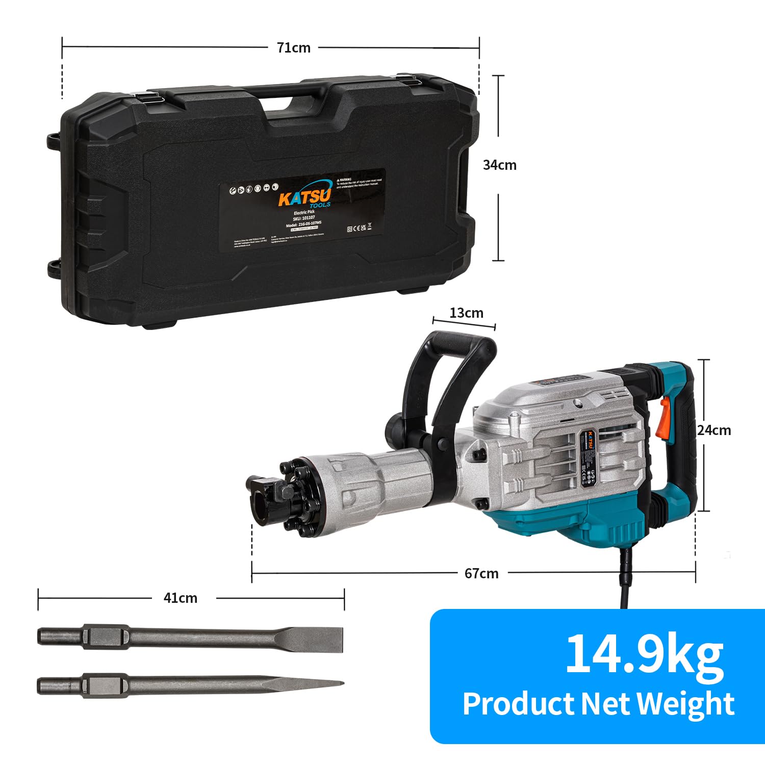 KATSU Tools Martillo Demoledor de 1700W, Fuerza de Impacto de 60J, 1900bpm, Antivibración, Mango Lateral Multiposición, Cinceles Puntero y Plano, Maletín de Transporte, Modelo 101107