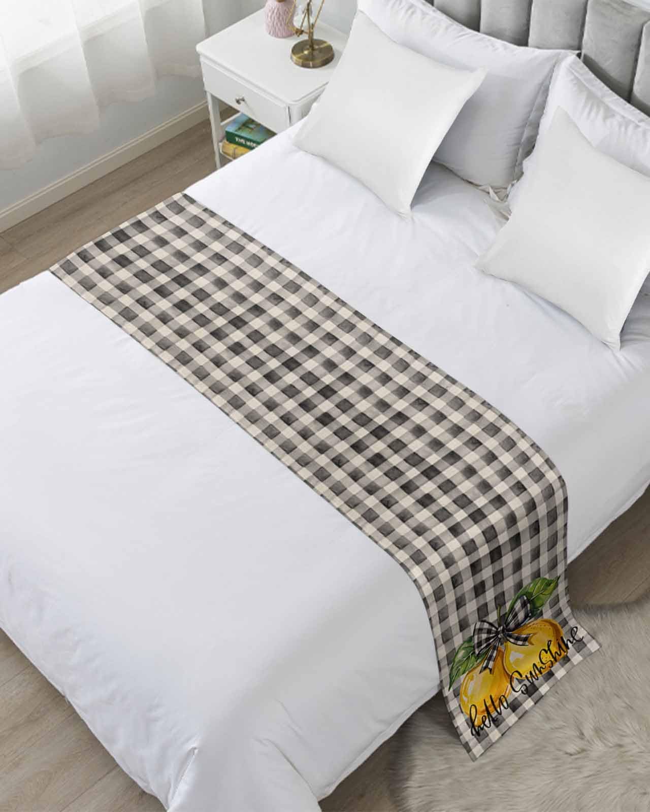 Full Bed Runner Watercolor Summer Lemon Leaves Bedding Runner Scarves Decorative Bed Scarf, Black White Checkered Soft Bed Runners for Bedroom Hotel Wedding 83x20IN