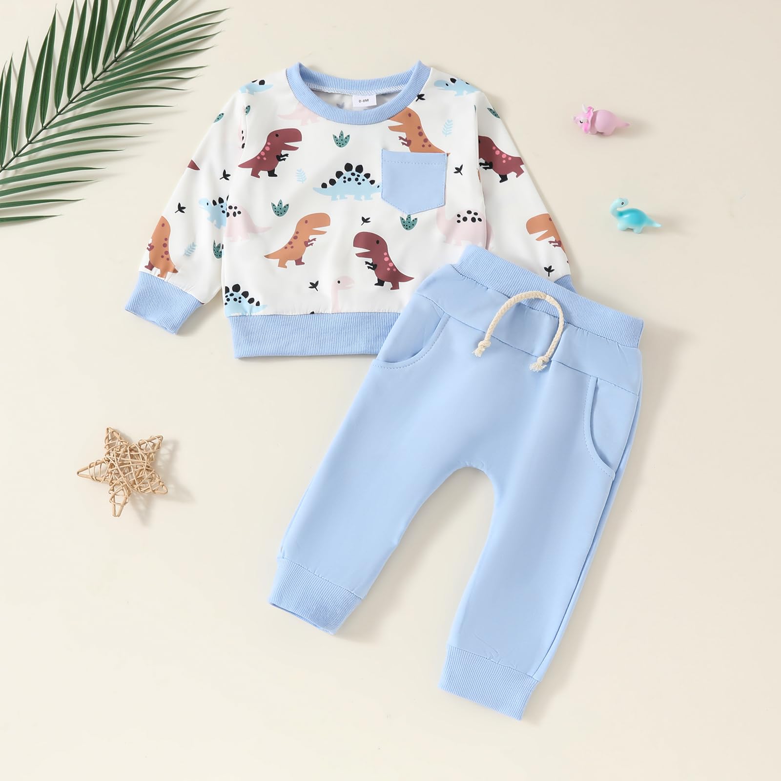 Douhoow Baby Boy 2Pcs Fall Outfits Long Sleeve Dinosaur Print Sweatshirt + Pants Set Toddler Clothes (Blue, 2-3T)