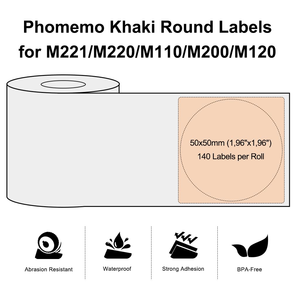 Phomemo Runde Farbig selbstklebende Etiketten 1.97"*1.97"(50x50mm), 3 Rollen Etikettenpapier für Phomemo M110/M220/M221/M200/M120/M100/M108/M150/M250/M260 Etikettendrucker 140 Etiketten/Rolle (Khaki)