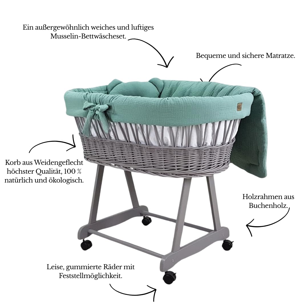 Stubenwagen Baby mit Rollen & Bremse – Grauer Moseskorb aus Naturweide inkl. Matratze & Khaki Bettwäsche aus 100% Baumwolle – sicher & mobil – Modell Amelia
