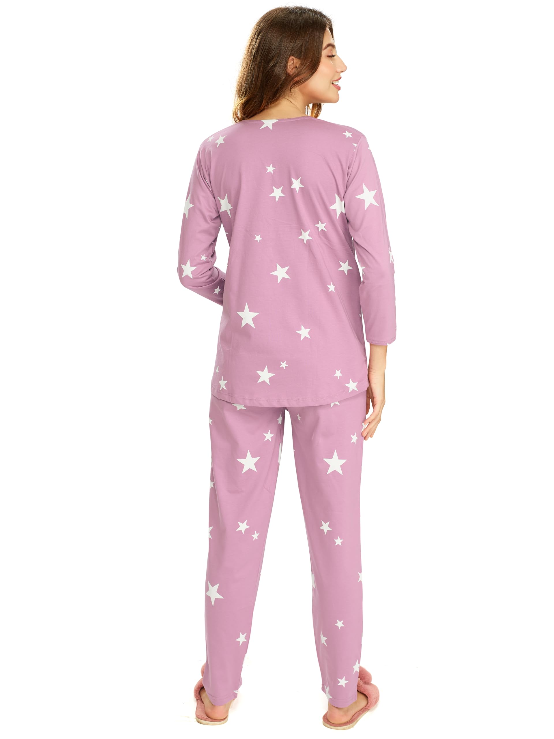 LOTIK Women's Cotton Onion Star Print Maternity & Feeding Night Suit Set 1023-Large, Pink - Image 6 thumbnail