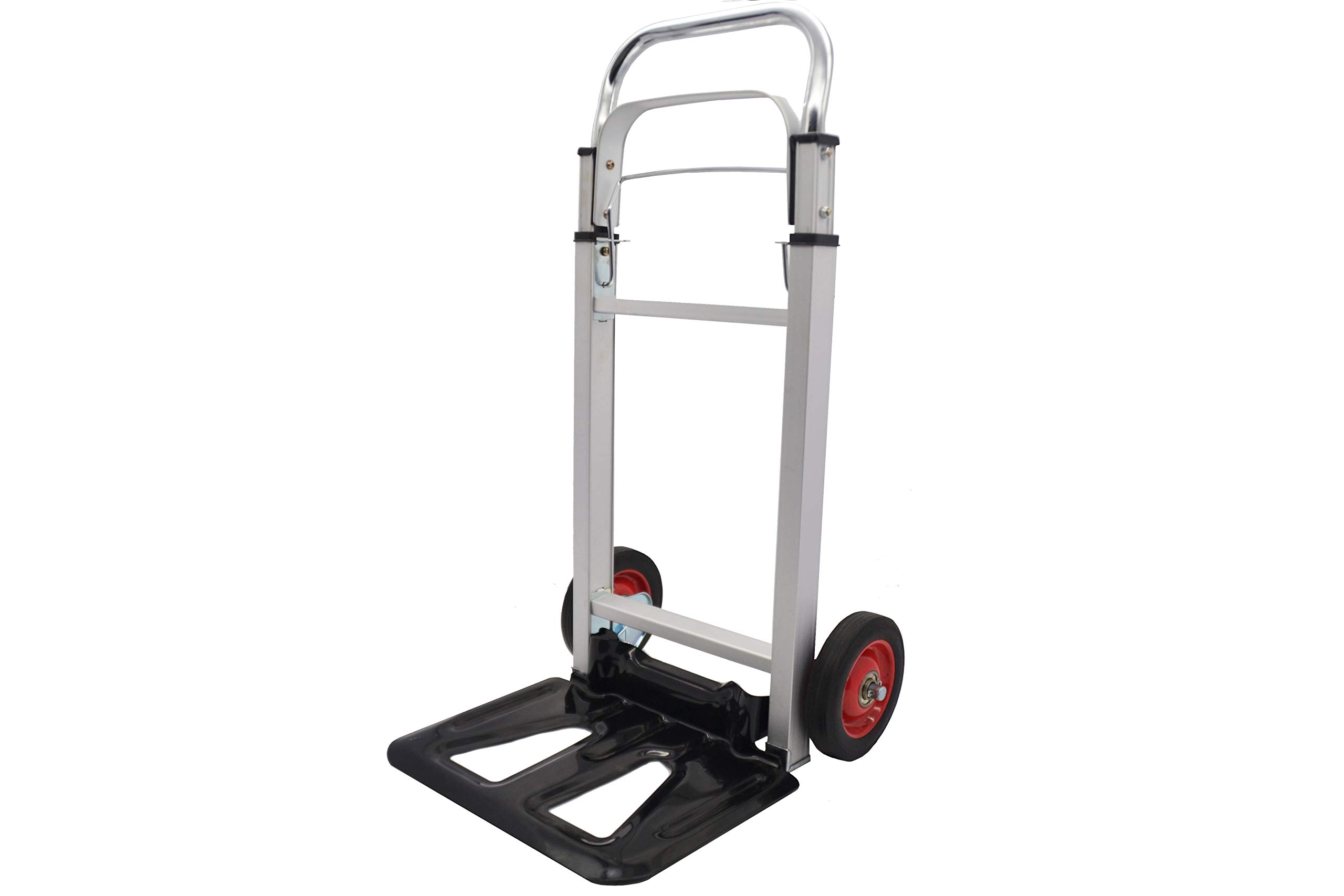 Folding aluminium trolley with extendable handle up to 109 cm for loads up to 90 kg.