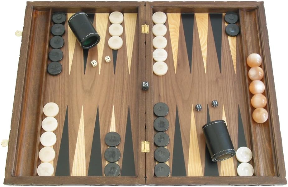 19" Carved Walnut Backgammon Set with Racks (Hand-Crafted Wood Case)
