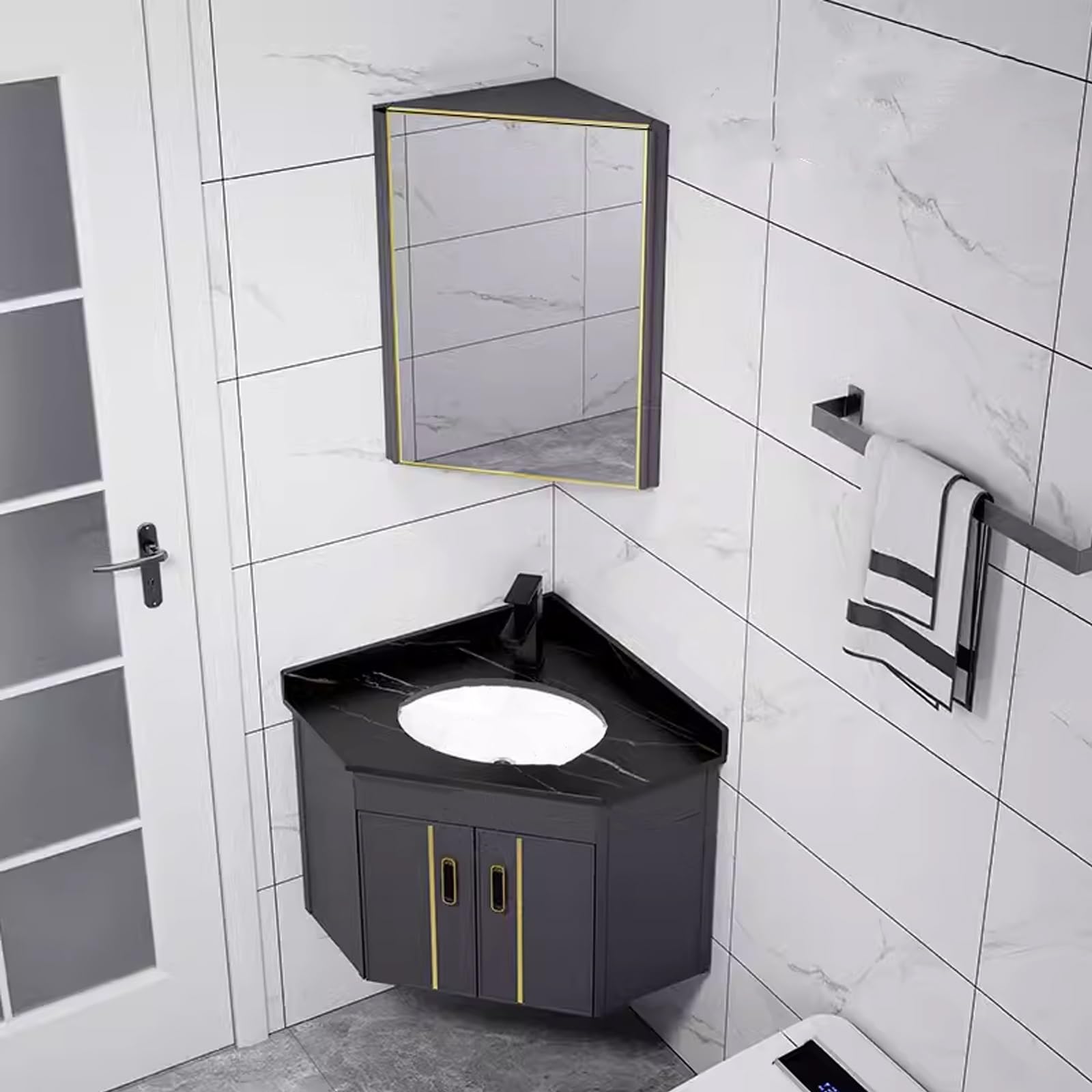 DFGHNBVC Wall Mounted Corner Vanity Set With Vessel Sink, Mirror Cabinet, And Rock Countertop For Bathroom, Laundry, Or Patio,Black