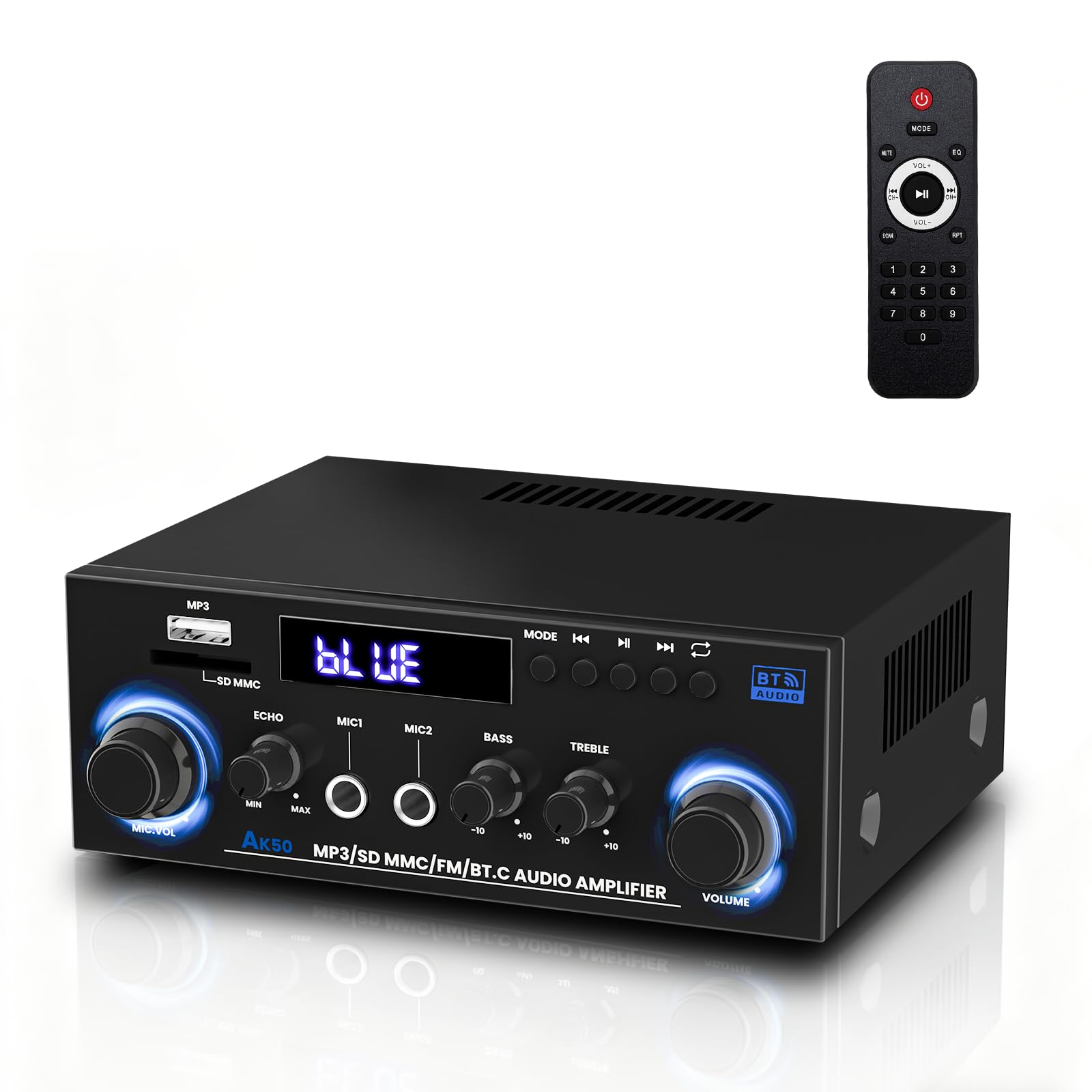 Amplificatore Audio HiFi1000W Max 2 Canali - Bluetooth 5.3 | Display LCD, Alimentazione 12V/220V - Supporta USB/SD/FM/RCA - Per Casa, Auto e Karaoke - Con Telecomando Incluso