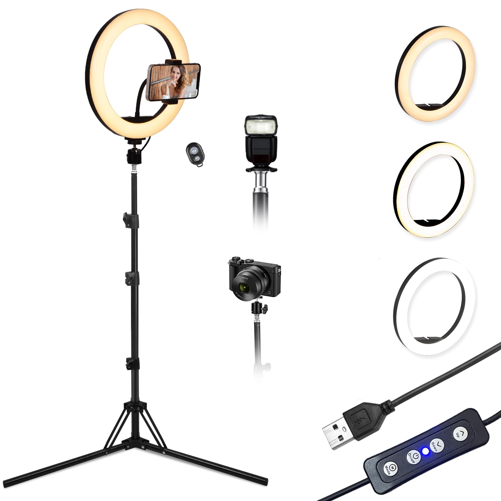 USB 10.2 inch LED Ring Live Fill Light That 74 inch Tall, Adjustable Color and Brightness, with Stand and Hose Phone Clip, You can take Photos, Record
