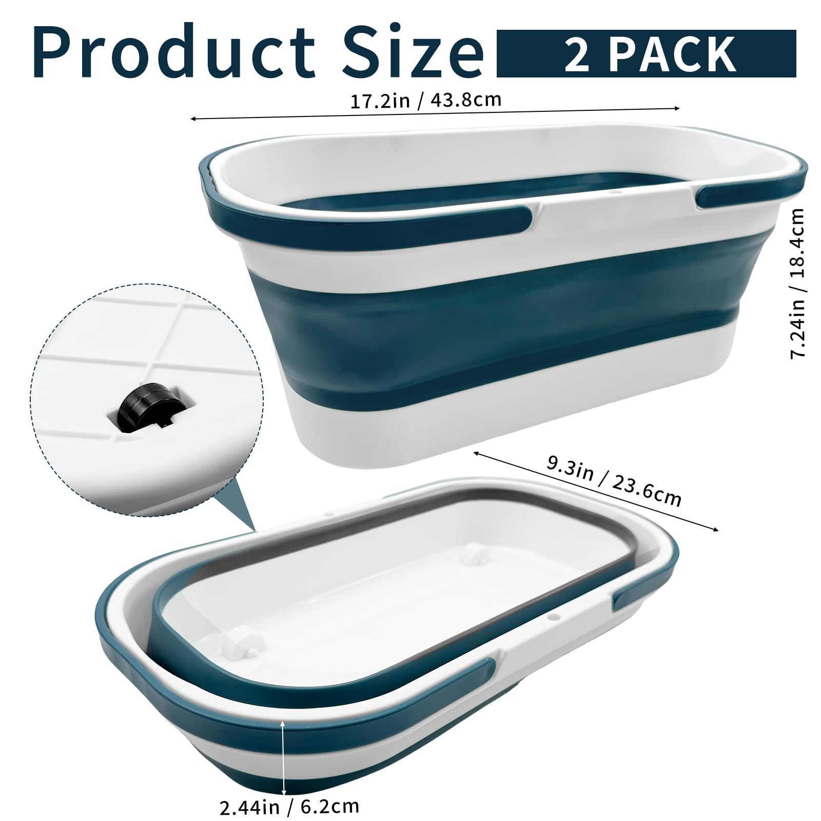 Paquete de 2 cubos de plástico plegables, contenedor grande plegable para fregona de limpieza, cubo de agua portátil rectangular de 3.17 galones con asa para casa, lavandería, pesca, camping