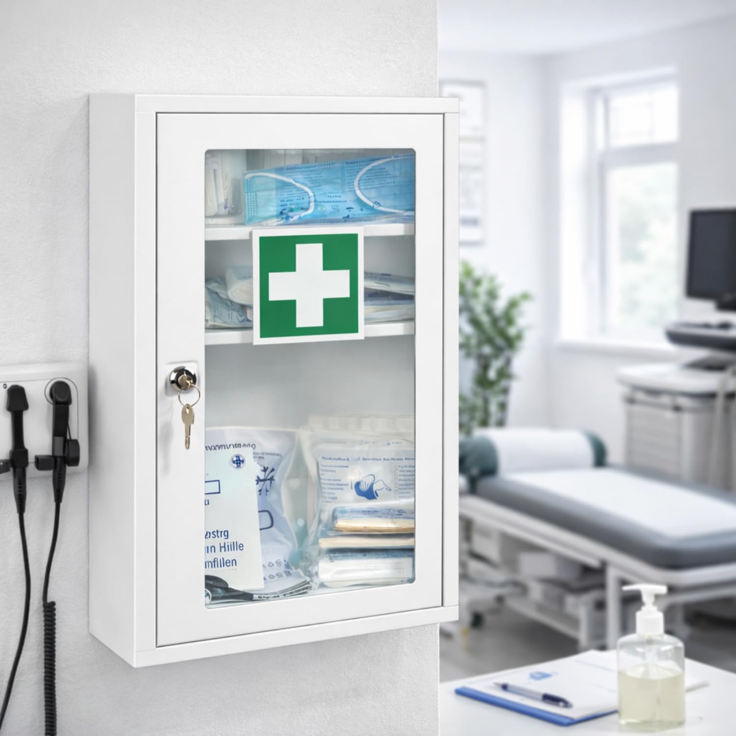 First Aid Products Erste Hilfe Verbandschrank F mit Sichtfenster – inkl. DIN 13157:2021 Füllung, Metall & Pulverbeschichtet, 1-türig - Büro, Betrieb, Schule, Kita & zu Hause - Weiß, 46 × 30 × 14 cm