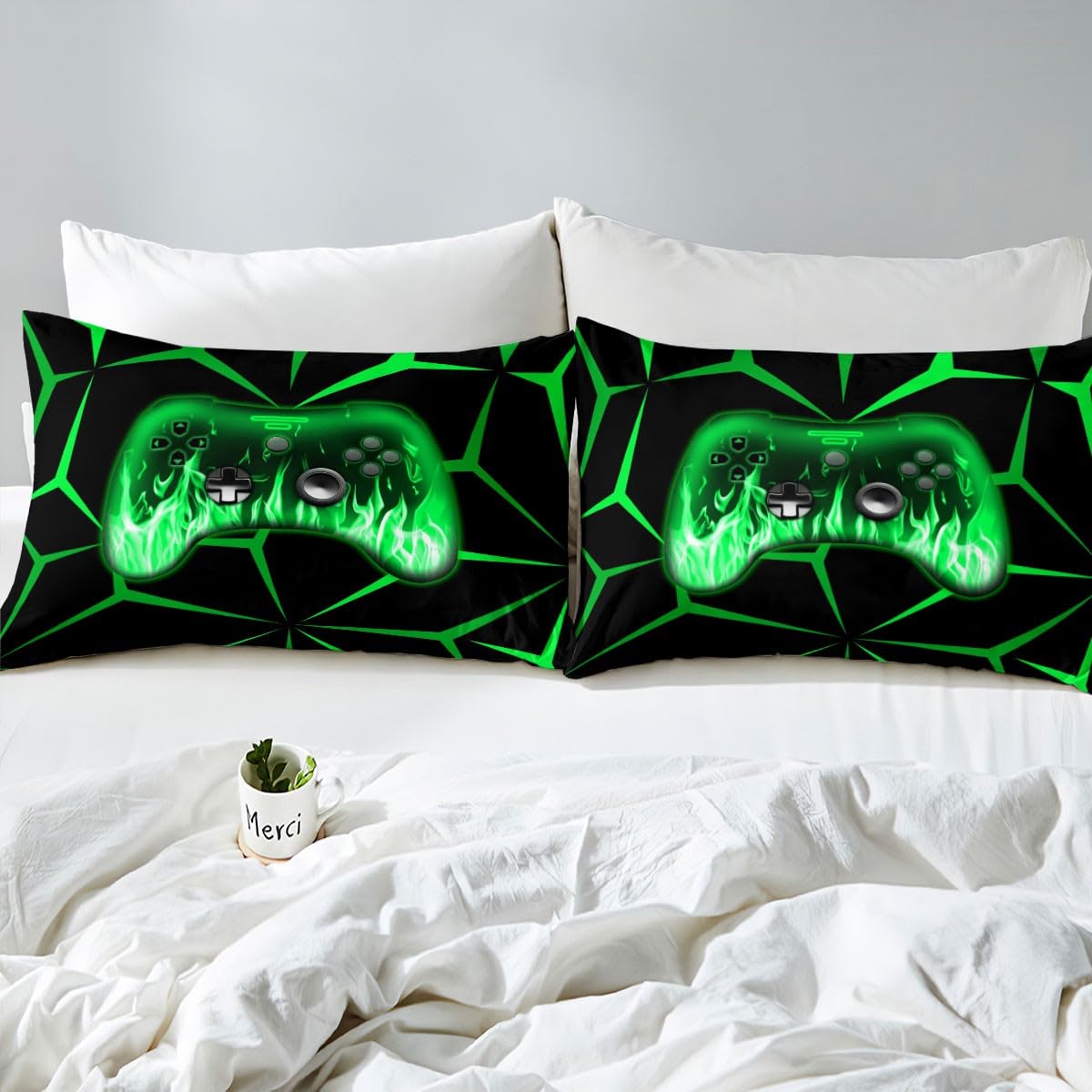 Homemissing Kids Gamer Duvet Cover Set,3D Video Gaming Bedding Set Single Size for Teens Boys,Green and Black Game Console Comforter Cover,Geometric Game Contoller Bedclothes - Image 4