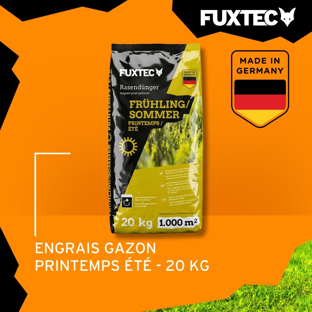 FUXTEC Engrais gazon printemps été FX-RDFS20 – 20 kg rendement 1000m2 fertilisant pelouse NPK 12+3+5 organo-minéral – azote à libération progressive – magnésium et soufre – granulés fins