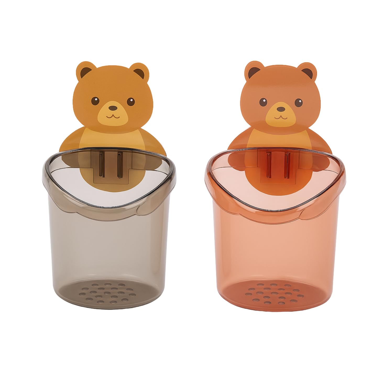 Zulaxy Plastic 2 Pack Toothbrush Holders For Bathroom Waterproof Self Adhesive Wall Mount For All Types Tooth Brush, Toothpaste, Face-Cream, Teddy Bear Shaped With Cup Drain (Multicolor)