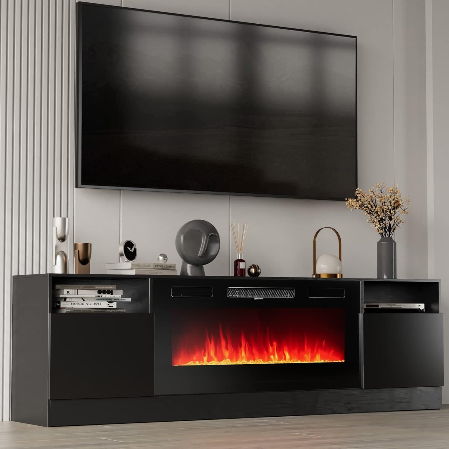 ( incomplete) Fireplace TV Stand with Two Hinged Doors for TVs UP to 80", Modern Electric Fireplace Entertainment Center with LED Lights & Storage Cabinets, TV Stand for Living Room 70" Black 21007BK