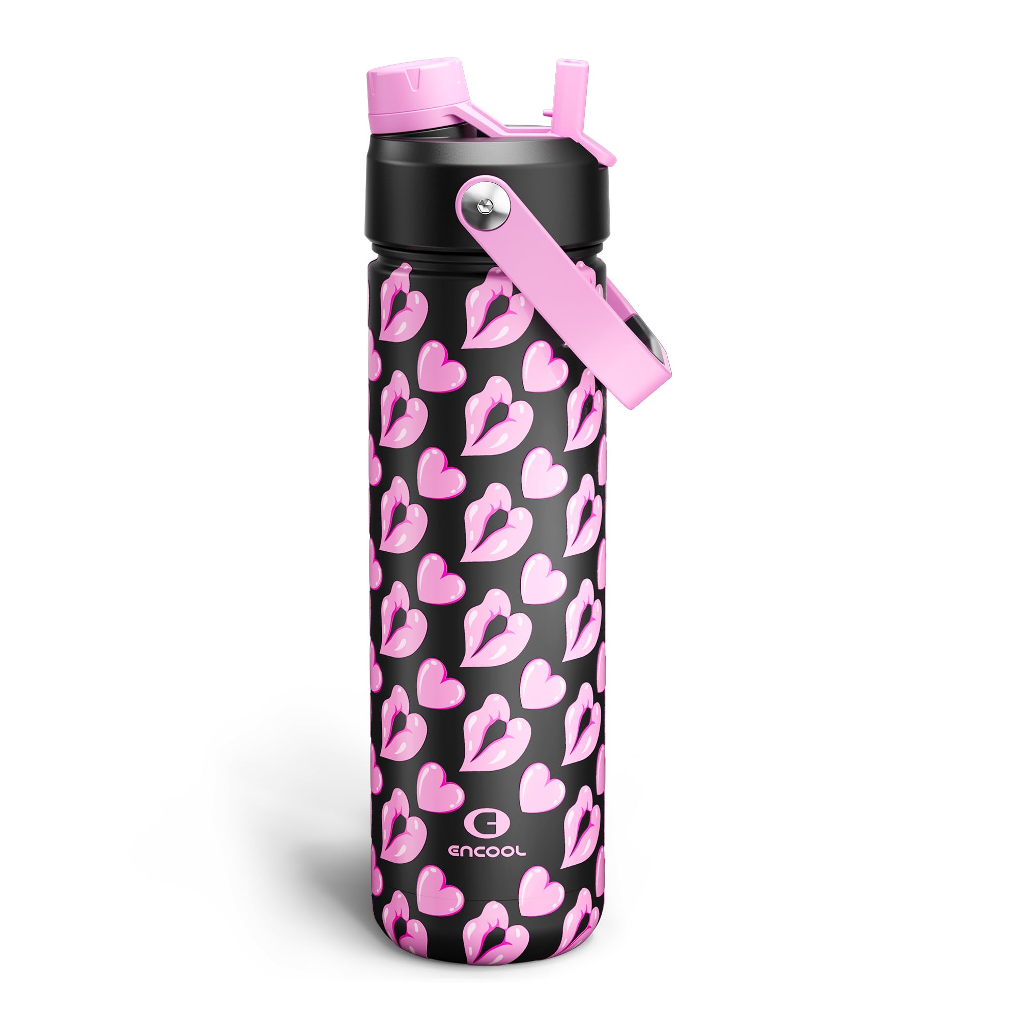 ENCOOL Insulated Water Bottle with Straw Stainless Steel Water Bottle, Leak-Proof, BPA-Free, Keeps Cold for 24 Hours for Sports, Travel, School (26 oz, Kiss Love Violet x Black)