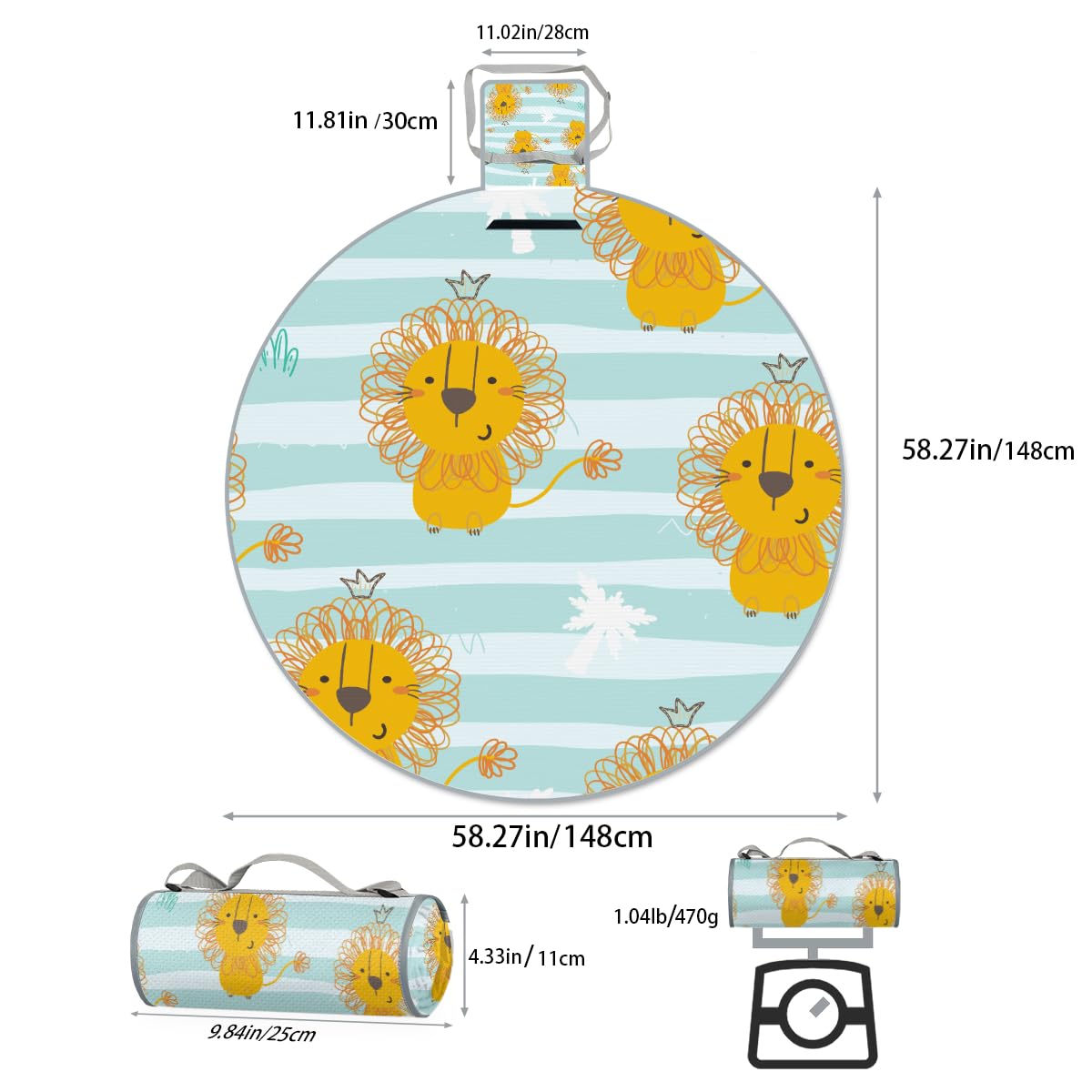 Shimoshe Striped Background Lion Picnic Outdoor Blanket Foldable Waterproof Sandproof Beach Blanket Portable Water-Resistant Round Picnic Mat for Travel Camping Park Lawn
