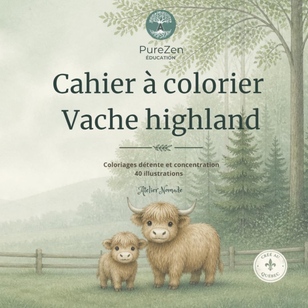 Cahier à colorier Vache highland: Coloriages détente et concentration - 40 illustrations à colorier