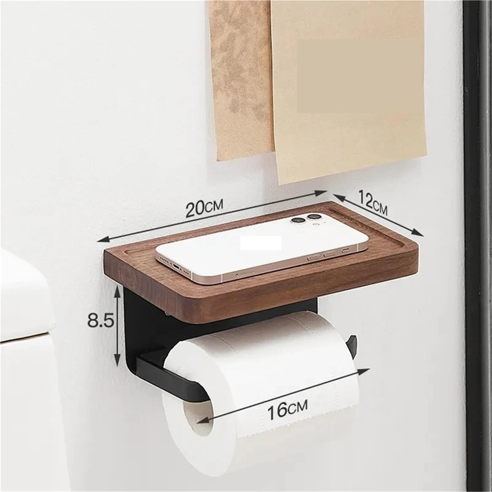 Portarotolo WC adesivo con mensola Porta carta igienica con ripiano | Supporto da parete for porta carta igienica nero opaco(Model A 20cm)