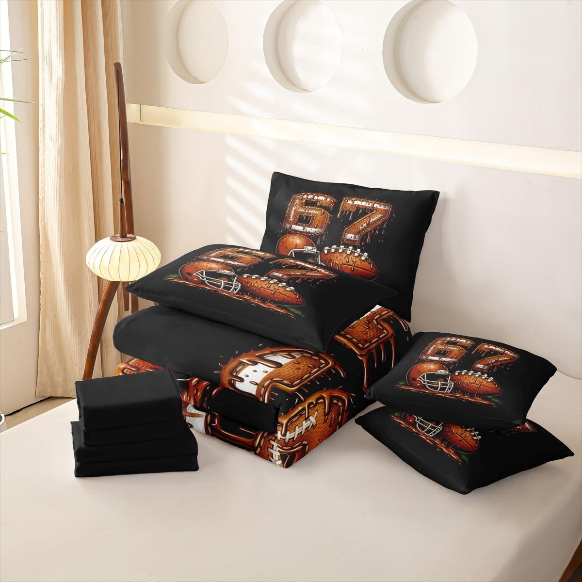 Loussiesd SIX SEVEN 6 7 Rugby copripiumino singolo 7 pezzi gelato gocciolante sport set di biancheria da letto per bambini ragazzi ragazze nero marrone letto in una borsa con copripiumino, lenzuola