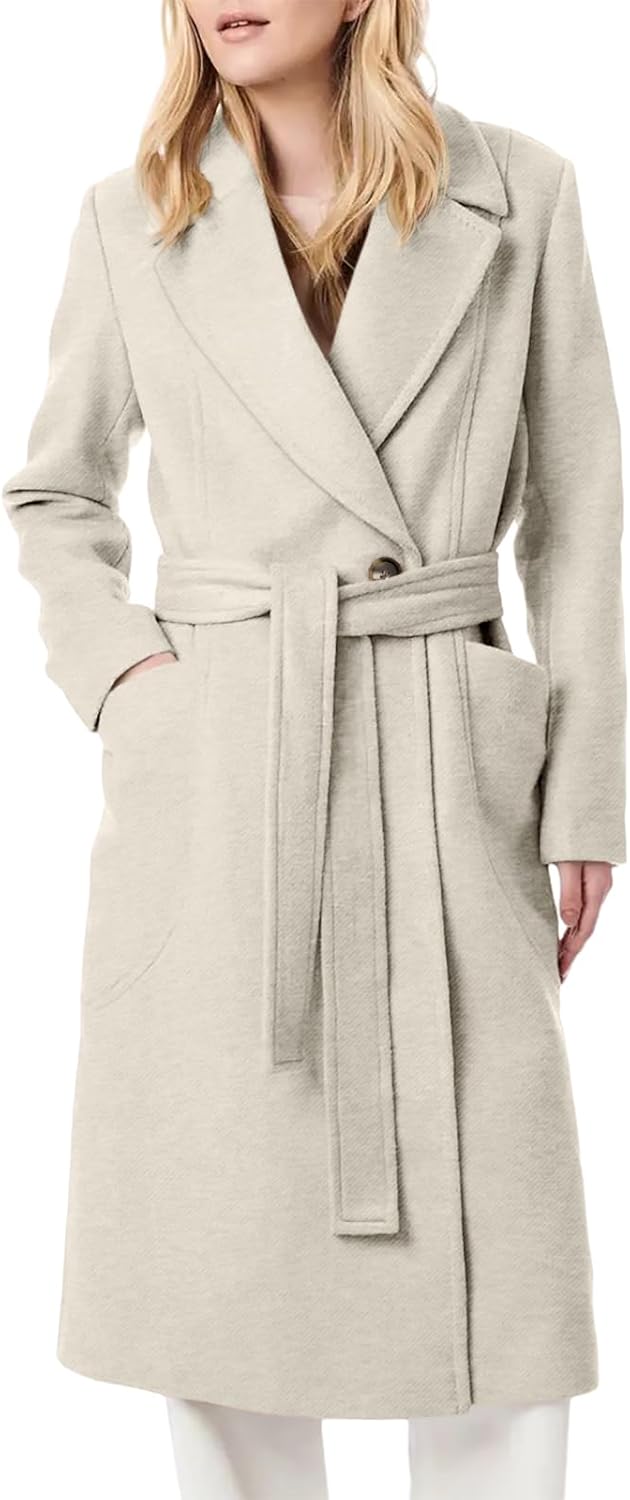 Danedvi Women's Notch Lapel Collar Pea Coat Long Sleeve Casual Fall Winter Long Overcoat with Belt