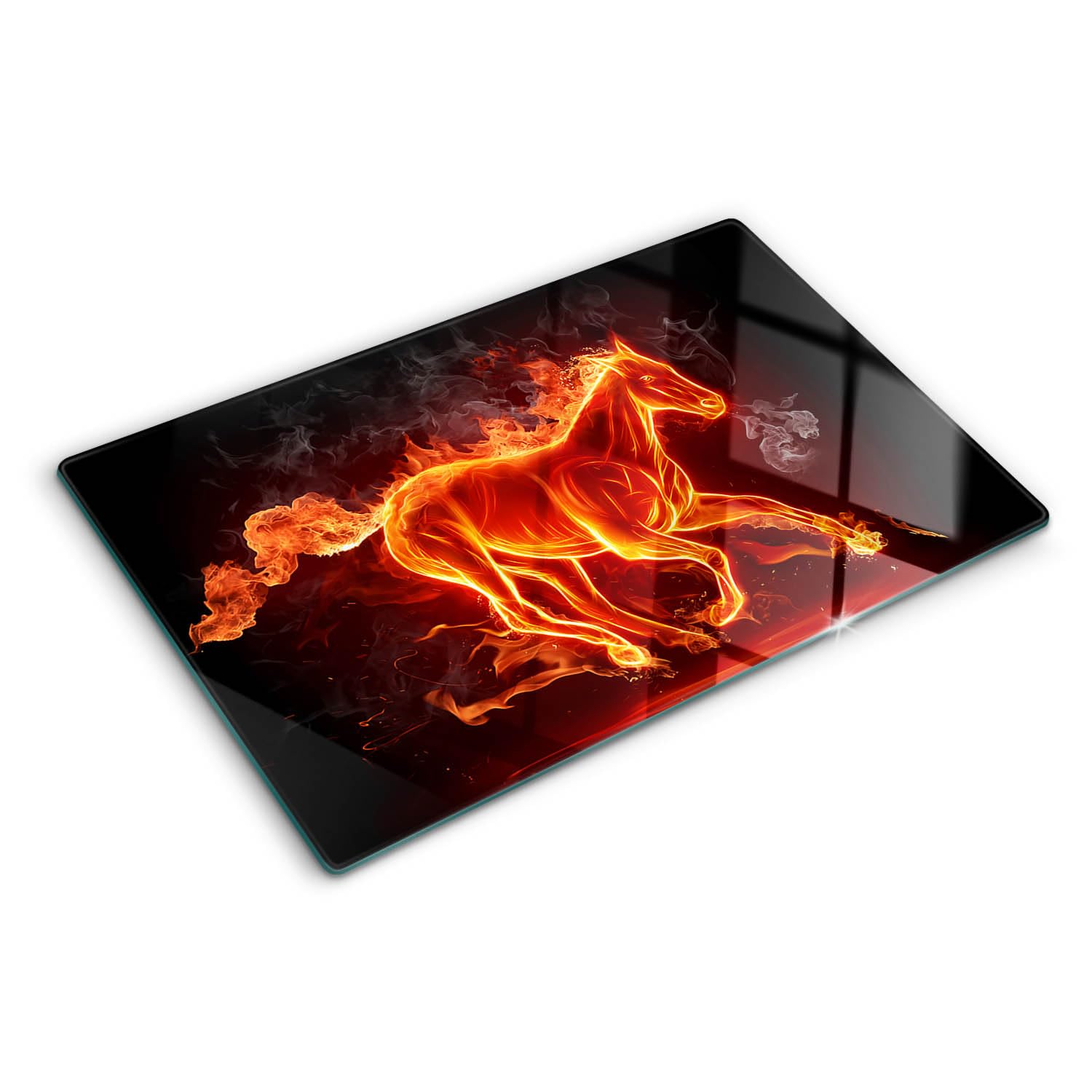 Tagliere in Vetro Temperato 80x52 cm Antigraffio con Piedini Antiscivolo Rettangolare Resistente al Calore Facile da Pulire da Cucina con Stampe Durevole e Igienico - Cavallo in fiamme