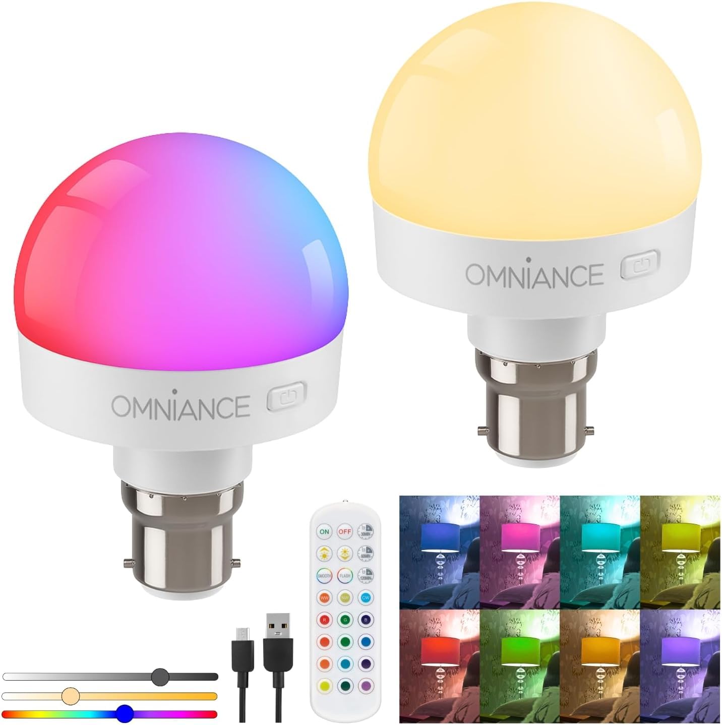 Auraglow Rechargeable Wireless LED Light Bulb with Remote – Battery-Powered, Dimmable, Colour-Changing, B22 Adaptor (2 Pack)