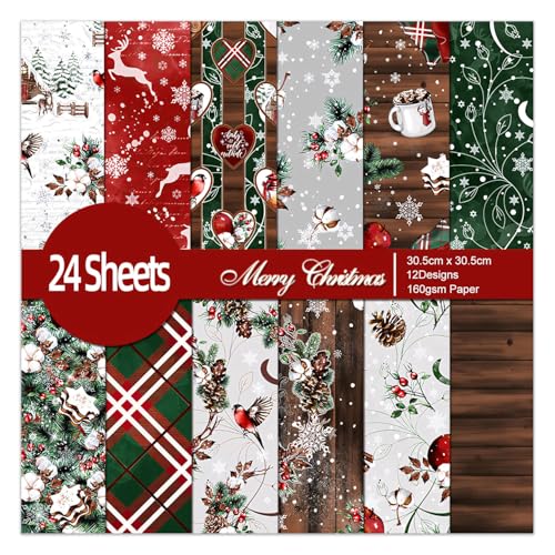 Christmas Decoupage Scrapbooking Paper Pad - 24 Sheets 12x12in Aesthetics Patterns Designed Material for Card Decorative DIY Crafts Journals Folded Origami Gift Wrapping Supplies