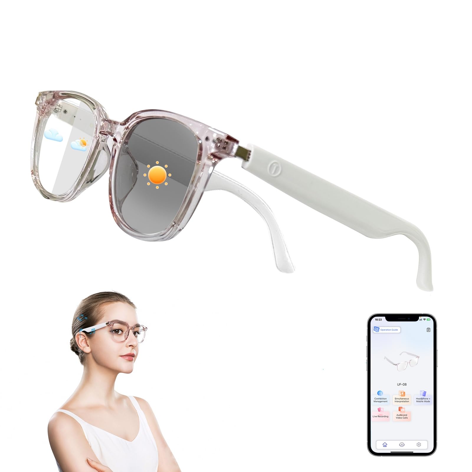 AI Smart Glasses for Men Women Real-Time Translation 160 Languages AI Noise Reduction with Photochromic Lenses Open-Ear Bluetooth