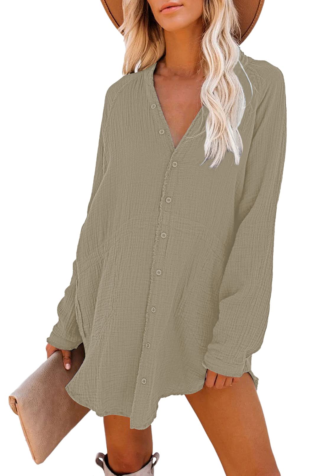 HAPCOPE Women's Button Down Shirt Dress Oversized Long Sleeve Swimsuit Cover Ups Beach Dresses