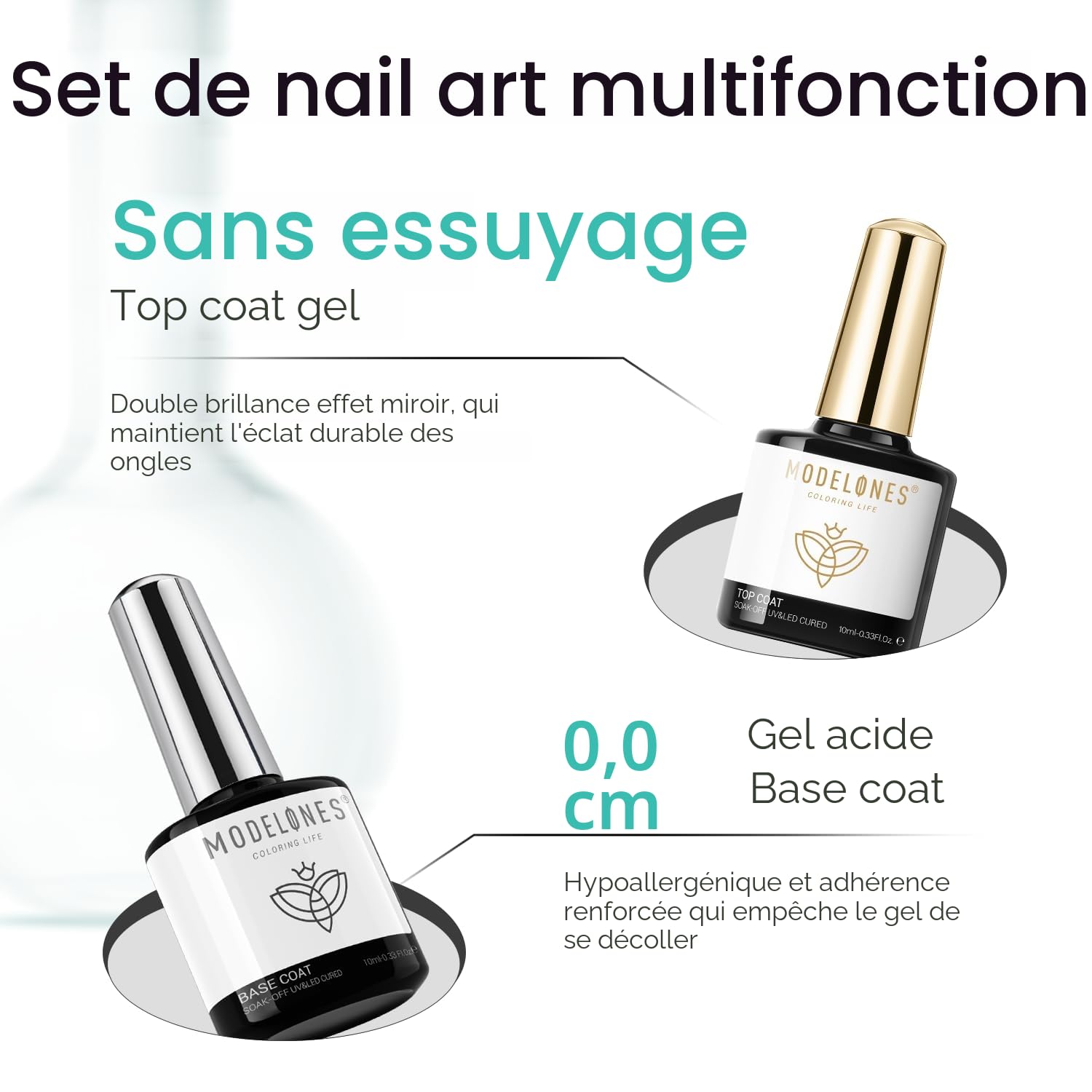 Modelones Base et Top Coat Vernis Semi Permanent avec Primer Ongle Gel UV Nail Prep Déshydrateur Kit pour Vernis à Ongles en Gel UV Manucure 10 ml 4pcs