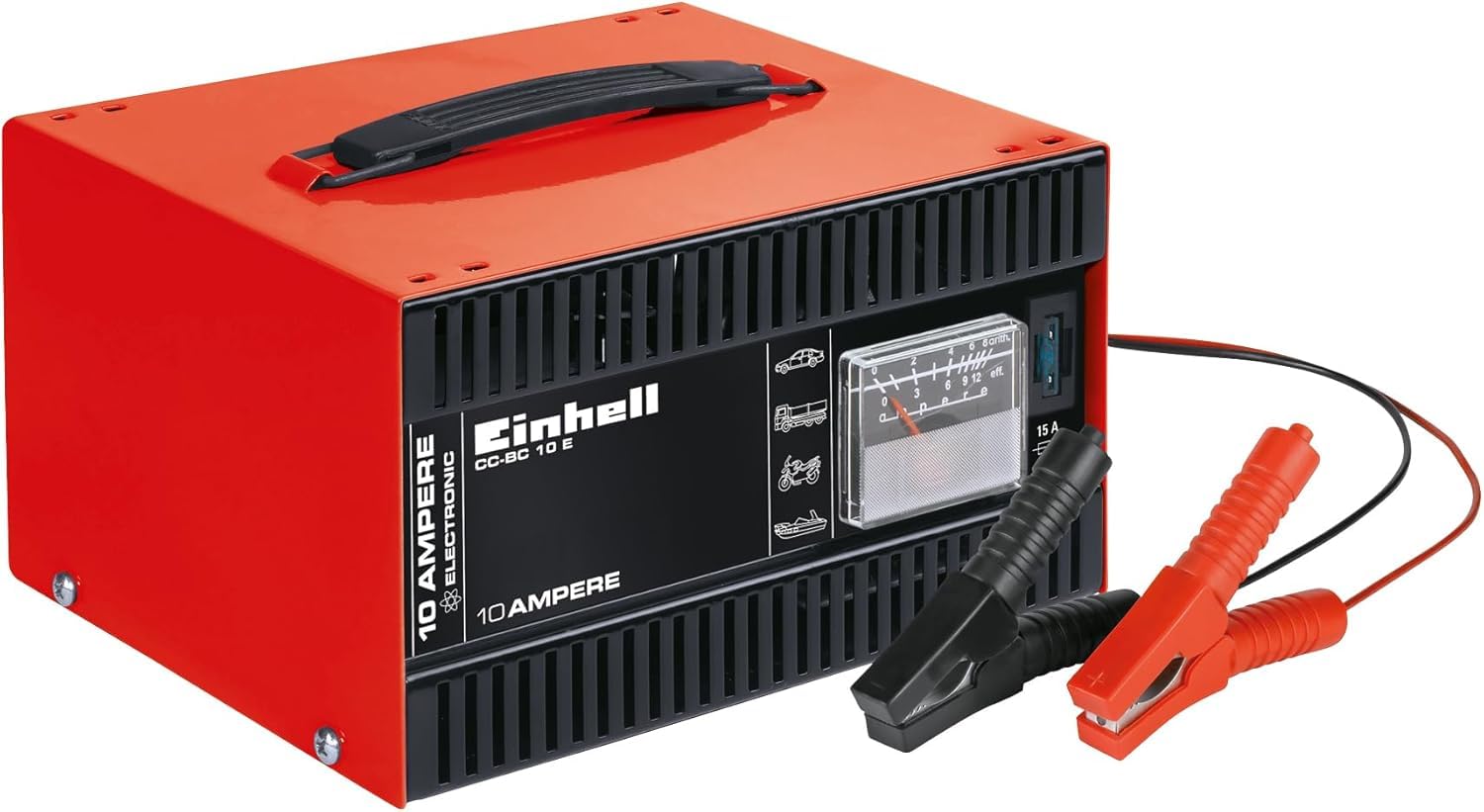 Einhell Cargador de baterías CC-BC 10 E (12 V, para baterías de 5-200 Ah, electrónica de Carga, Carcasa de Chapa de Acero, Incl. Cable de Carga con Pinzas para Polos)